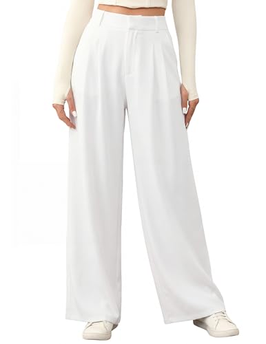 GEKCM High Waisted Work Pants for Women Wide Straight Leg Office Trousers Business Casual Trousers Slacks with Pockets White L