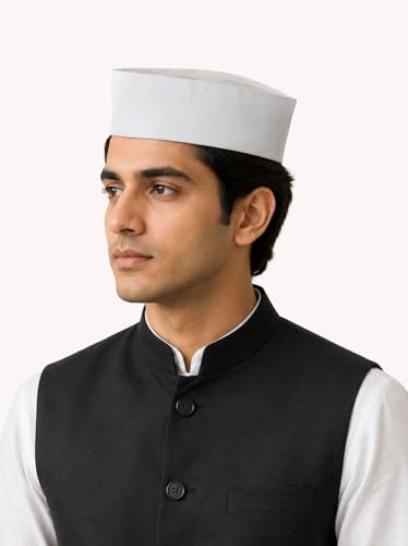 Image of BookMyCostume White Nehru Cap and Gandhi Topi - Freedom Fighter Netaji Cap - Historical Costume Accessory for School Fancy Dress, Independence Day, and Republic Day Functions | Kids and Adults