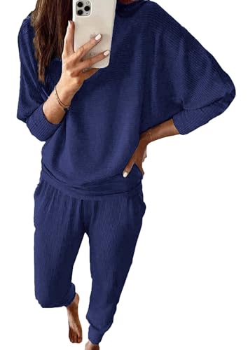 PRETTYGARDEN Women's Fall 2 Piece Lounge Set Long Sleeve Tops Ribbed Pants Spring Matching Sweatsuit Travel Outfits Clothes