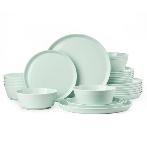 Image of KINGSTONE 24-Piece Bone China Dinnerware Sets, Mint Green | Lightweight Plates & Bowls Set | Straight Rim Bowl Dinner Set | Scratch Resistant | Microwave & Dishwasher Safe | Serves 8