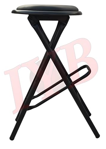 Image of IYB Folding Stool - Heavy Duty 25-inch Collapsible Padded Round Stool with 80 KG Capacity for Dorm, Rec Room, Bar, Kitchen or Gameroom (Black)