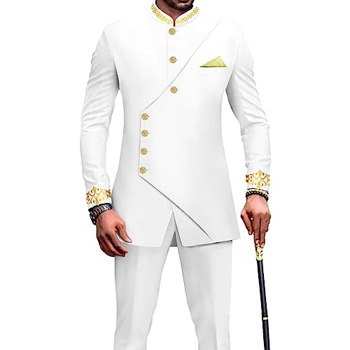 African Suits for Men Slim Fit Embroidery Double Breasted Blazer and Pants Set Formal Business Dress Suit