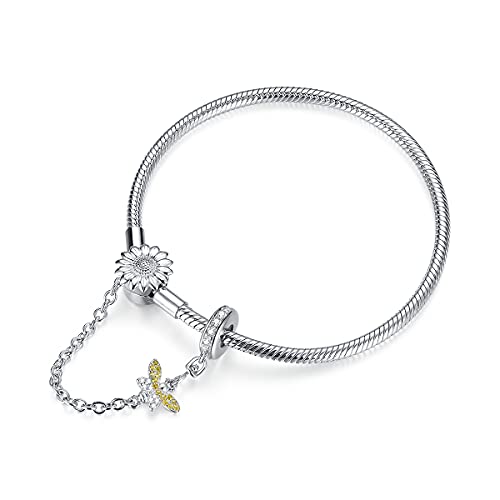 Bracelet maille serpent en argent 925 avec fermoir tournesol et abeille pour charmes