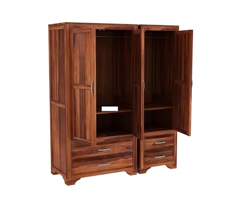 Image of Sheesham Wood Wooden 3 Door Wardrobe Organizer for Clothes | - Solid Wood Almirah with 4 Drawers, 4 Shelves - with Hanging Space Cupboard for Large Bedroom (Design 6)