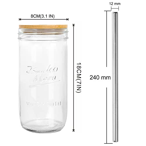 Mason Jar With Lid And Straw, Anotion 24Oz Wide Mouth Boba Cup Reusable Drinking Glasses Tumbler Smoothie Water Bottles For Iced Coffee Margaritas Ice Cream Juice Cocktail Travel Office Home, 4 Packs #TOP1