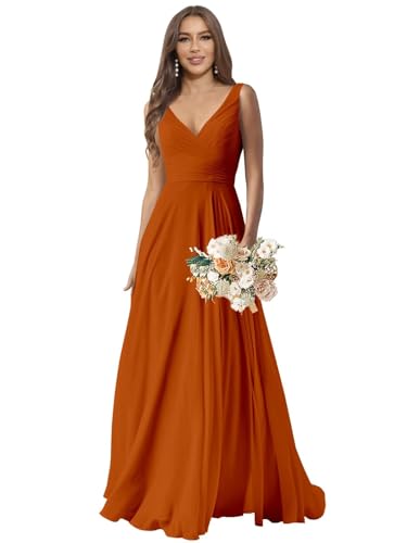 Image of Yilis V Neck Pleat Chiffon Burnt Orange Bridesmaid Dresses Long for Women with Sash US14 14