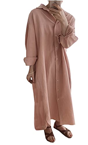 Hotmiss Womens Chic Button Down Rolled-Up Sleeve Long Cotton Blouse Shirt Dress Side Slit Maxi Dresses Light Pink