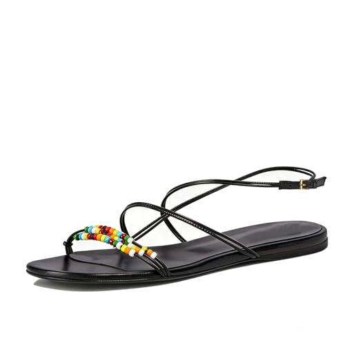 Image of Beaded Strappy Flat Sandals for Women Bohemian Sandals Open Toe Slingback Flats Vacation Beach Casual Daily Dressy Summer Shoes