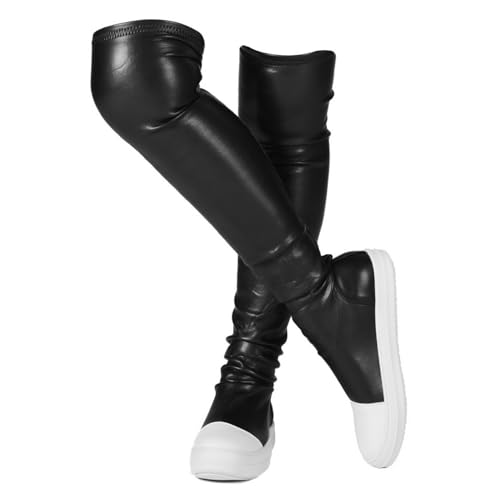 Knee High Boots for Women Flat PU Leather Round Toe Comfortable Booties