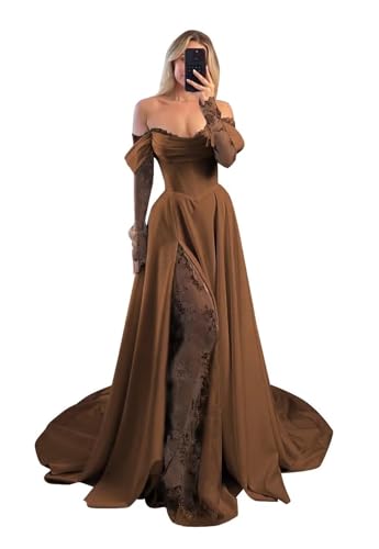 Rjer Off Shoulder Satin Wedding Dresses for Bride Lace Long Sleeve Prom Dresses Ball Gown