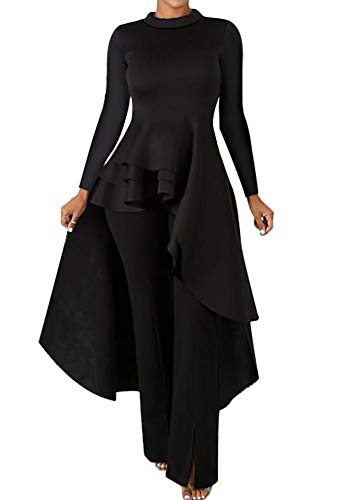 Womens High Low Cocktail Dress - Elegant Ruffle Peplum Top Tunics Long Sleeve Maxi Evening Dress Gown Black
