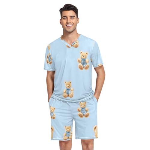 Men's Pajama Set Cute Teddy Bears Short Sleeve with Shorts Pockets Sleepwear Set Summer Loungewear