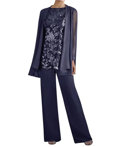 Image of 3 Pieces Mother of The Bride Dresses Pant Suits - Lace Chiffon Long Sleeve Grandmother Dresses with Jacket