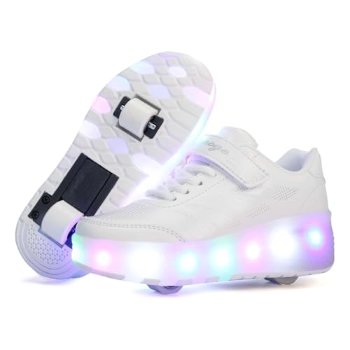 HUSKSWARE Kids Roller Shoes with Wheels Boys Technical Skateboarding Shoes LED Light-Up Retractable Trainers for Boys Girls USB Rechargeable Outdoor Sneakers EU 27-40 Black White Pink