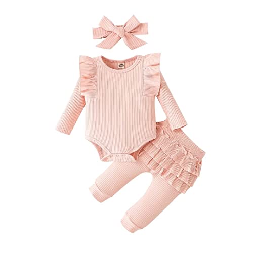 Image of Bekarsy Baby Girl Clothes Infant Fall Outifts Rib Frill Long Sleeve Romper Pant Set 3PCS