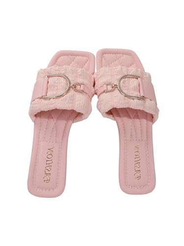 GORGLITTER Women's Rhinestone Buckle Pink Flat Sandals Square Open Toe Slides Dressy Slip on Shoes 2025