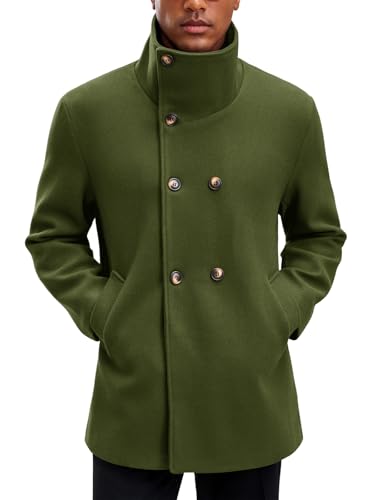 Yousify Mens Trench Coat Double Breasted Stand Collar Overcoat Casual Winter Warm Business Short Pea Coat