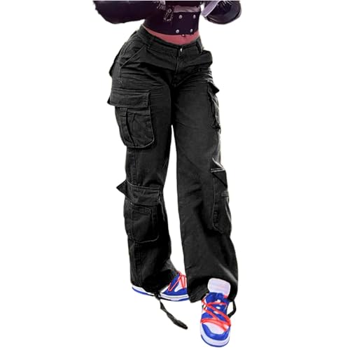 Cargo Jeans for Women Boyfriend Straight Leg Jeans Baggy Casual Denim Elastic High Waisted Cargo Pants with Pockets