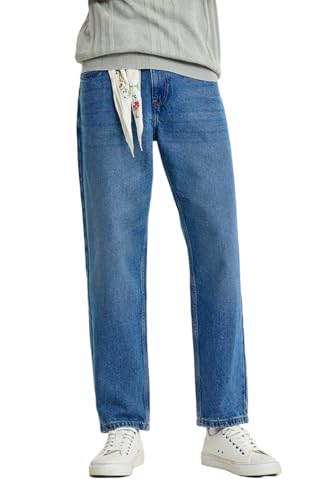 Image of SNITCH Men Casual Jeans | Relaxed Fit Straight Leg Washed Pattern & Drawstring Closure | 100% Cotton Denim Fabric for All Day Comfort & Everyday Wear