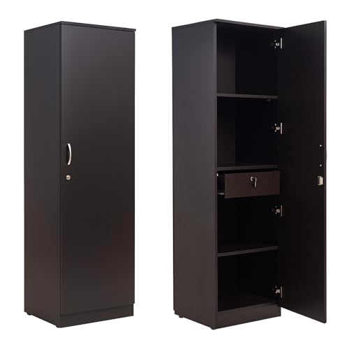Image of AAVATAR Single Door Wooden Cupboard for Home | Wenge Finish Engineered Wood Almirah with Lock & Handle | Storage Shelves & Drawer | Size 72x16x16 Inch