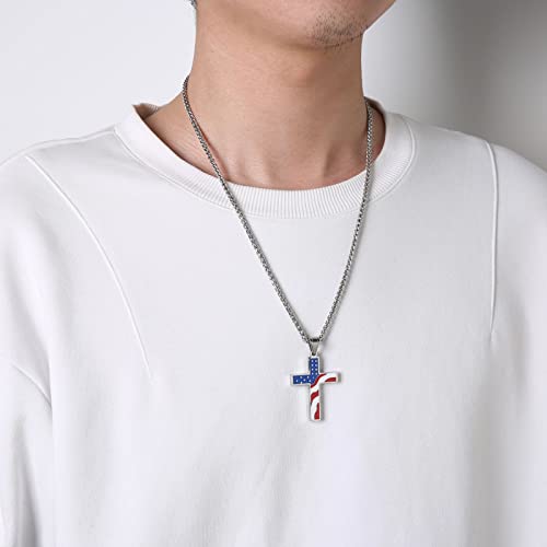 Hzman American Flag Patriotic Cross Religious Jewelry Pendant Necklace, Silver #TOP4