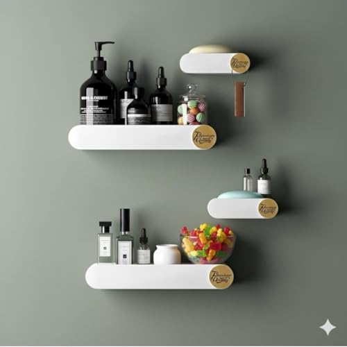 Image of RIOMAX Pack of 4 Bathroom Shelf for Wall, Self-Adhesive Bathroom Organiser, Wall Mounted Shelf, Kitchen Storage Racks, Soap Holder (Plastic, 2 Bathroom Shelves+ 2 Soap Holders) (White)