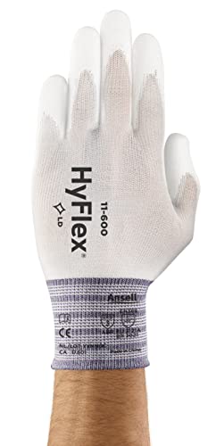 Ansell Hyflex 11-600 Nylon Glove, White Polyurethane Coating, Knit Wrist Cuff, Medium, Size 8 (Pack Of 12) #TOP1