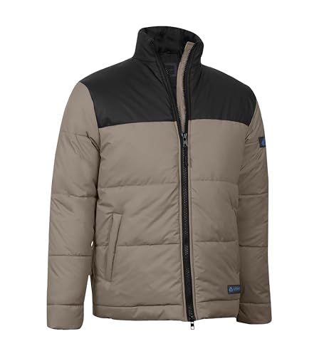 Image of URBAN BUCK Mens Puffer Jacket Midweight Long Sleeve Henry Beige Windproof Winter Recycled Down Water Repellent Climbing Men Coat (XL)