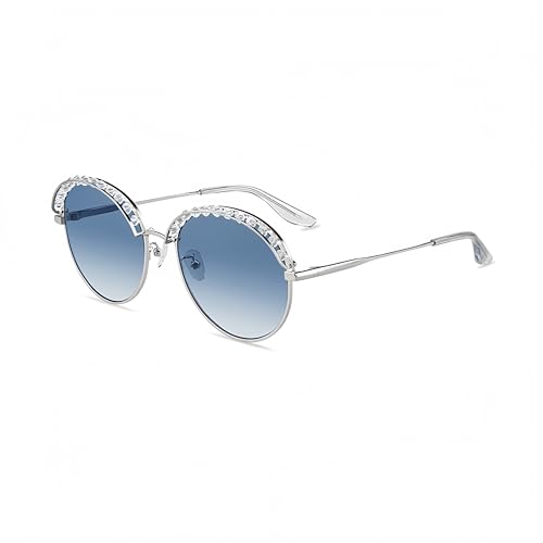 HEPTICS Round Crystal Sunglasses, Blue Gradient Lenses, Silver Frame, UV Protection, Fashion Shades for Women