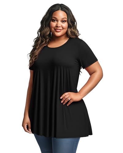 3 Pack Women's Plus Size Tunic Top Short Sleeve Cotton Long Shirts Summer Loose Fit Flowy Blouse Wear with Leggings4