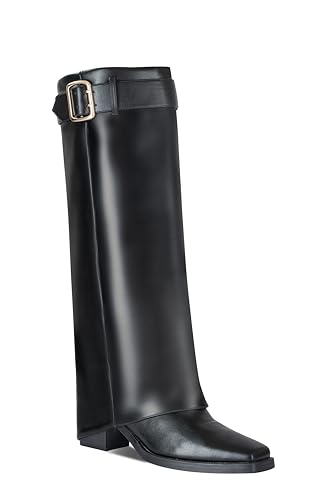 Fold Over Knee High Boots for Women,Boots for Women Knee High Wide Calf,Chunky High Heels Long Boots,2.8-in Pull on Square Toe Metal Buckle Tall Boots for Women,Below Knee Boots Faux Leather