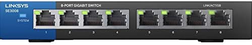Linksys SE3008: 8-Port Gigabit Ethernet Unmanaged Switch, Computer Network, Auto-Sensing Ports Maximize Data Flow for up to 1,000 Mbps (Black, Blue)