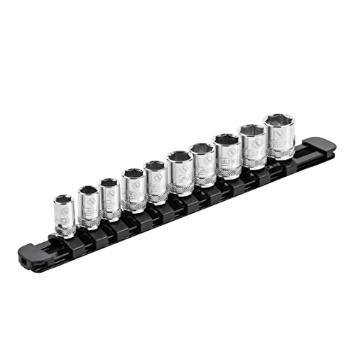 ARES 60096-1/4 pulgadas Drive Black 9.84 pulgadas Socket Rail con tapas de bloqueo – Carril de aluminio almacena hasta 10 enchufes y mantiene tu caja de herramientas organizada