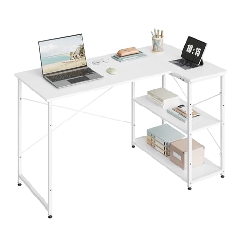 WOLTU Schreibtisch mit Regal & Stauraum, Eckschreibtisch Computertisch Homeoffice, Weiß, Bürotisch fürs Arbeitszimmer Schlafzimmer, 120x73x72 cm