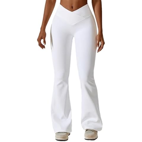 ABOCIW Crossover Flare Leggings for Women Ribbed Seamless Bootcut High Waisted Yoga Pants Tummy Control Flare Bootleg Workout Flared Leggings Work Pants White Medium Cover