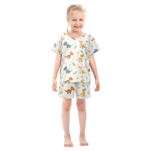 ALAZA Cute Dinosaur Leaves Pajamas Short Sleeve 2 Piece Sleepwear Top and Bottom Pajama Set Unisex3