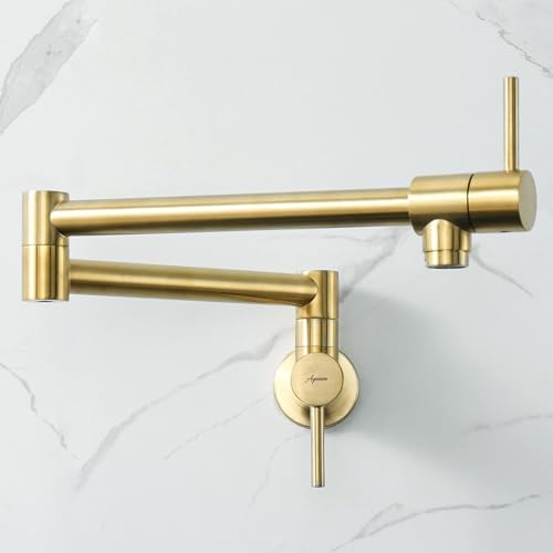 Image of Aquieen Wall Mounted Pot Filler Kitchen Faucet | Premium Brass Construction | Dual Valve Double Joint Swing Arm | 360 Rotating Folding Tap | Leak-Proof Ceramic Cartridge | Brushed Gold