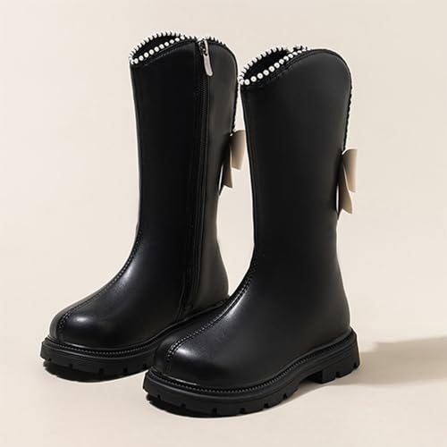 Girls Cowboy Boots Leather Round Toe Side Zipper Mid Calf Booties Bow Knot Riding Winter Tall Boots4