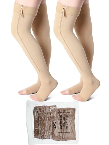 Image of 2 Pairs Open Toe Thigh High Zipper Compression Socks 20-30 Mmhg Zipper Compression Stockings Thigh High for Women Men