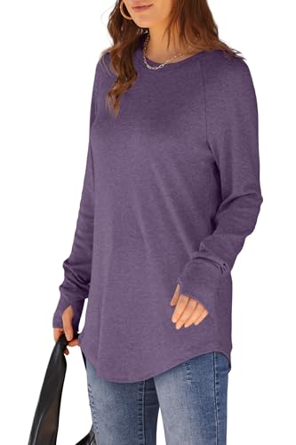Image of XIEERDUO Womens Tunic Tops to Wear with Leggings Long Sleeve Thumb Hole Shirts Crew Neck Curved Hem