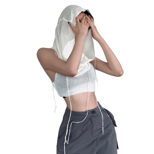 Image of Women's Knitted Hoodie Sweater Vest Sexy Sleeveless Hollow Out Hooded Crop Top Draped Sweatshirt Streetwear