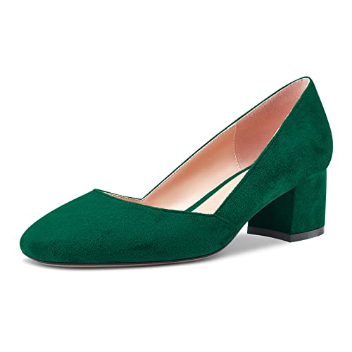 Castamere Women Low Chunky Block Heel Close Square Toe Slip-on Dress Pumps Court Shoe Classic Cute Wedding 5 CM Heels Dark Green Suede 8 UK