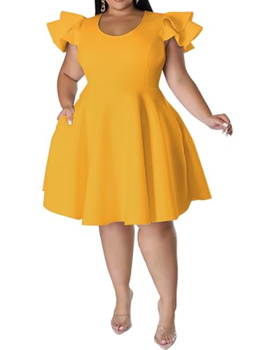 Image of IyMoo Women's Plus Size Cape Flutter Sleeve Stretchy A Line Swing Flared Skater Cocktail Party Dress with Pockets