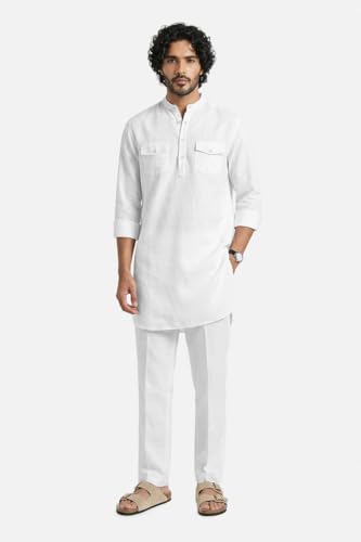 Image of SNITCH Men Casual Kurta Shirt | Regular Fit Full Sleeve Mandarin Collar Solid Pattern | Premium Cotton Linen Blend & Breathable Fabric for Festive Season & Holiday Wear