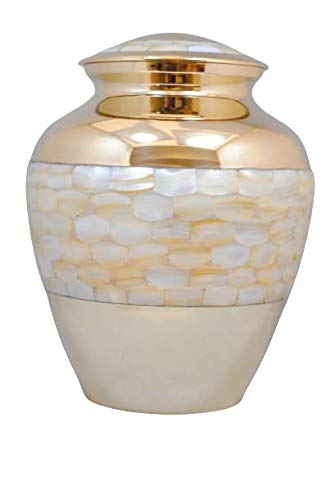 Today's A Gift Exquisite Mother of Pearl Cremation Urn for Human Ashes, Decorative Golden Brass Urn for Adults, Handcrafted Funeral Urns for Ashes, Stylish Brass Urn with Velvet Bag (9 Inches)