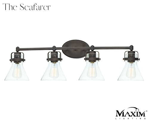 Image of Maxim Lighting Seafarer 4-Light Bath Vanity Light | Oil Rubbed Bronze Steel Finish | Seedy Wire Glass Shade | Industrial Indoor Light Fixture | Ideal for Bathrooms & Powder Rooms | 26114CDOI