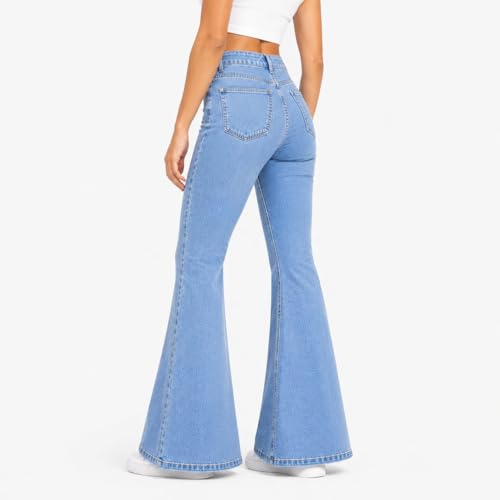 Image of Women's High Waist Bell Bottom Jeans | Flared Wide Leg Stretchable Denim Pants | Stylish Casual, Party & Everyday Wear | Denim Pant Suits | Bootcut Fit Design