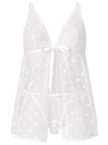 Ann Summers Queen of Hearts Babydoll Set Babydoll Lingerie for Women with Matching Thong Underwired Cups Satin Bow & Front Fastening - Genuine Womens Lingerie Set Ivory