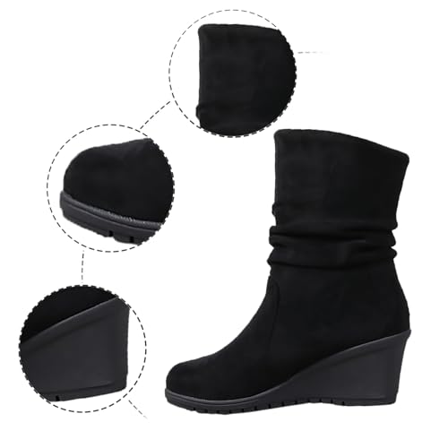 Generic Women's Mid Calf Boots Wedge Heel Suede Leather Dressy Slip On Comfort Fall Winter Short Boots Black Zipper Retro Booties2