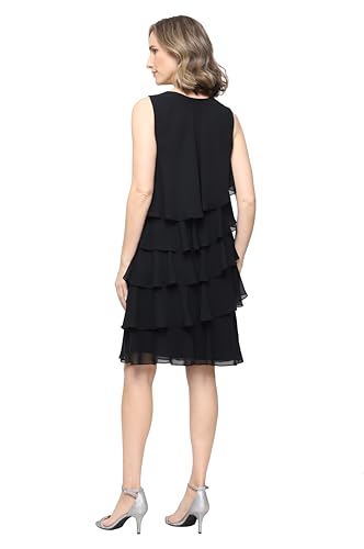 Image of S.L. Fashions Women's Chiffon Tiered Jacket Dress with Beaded Neckline Mother of the Bride, Cocktail, Or Wedding Guest Dress